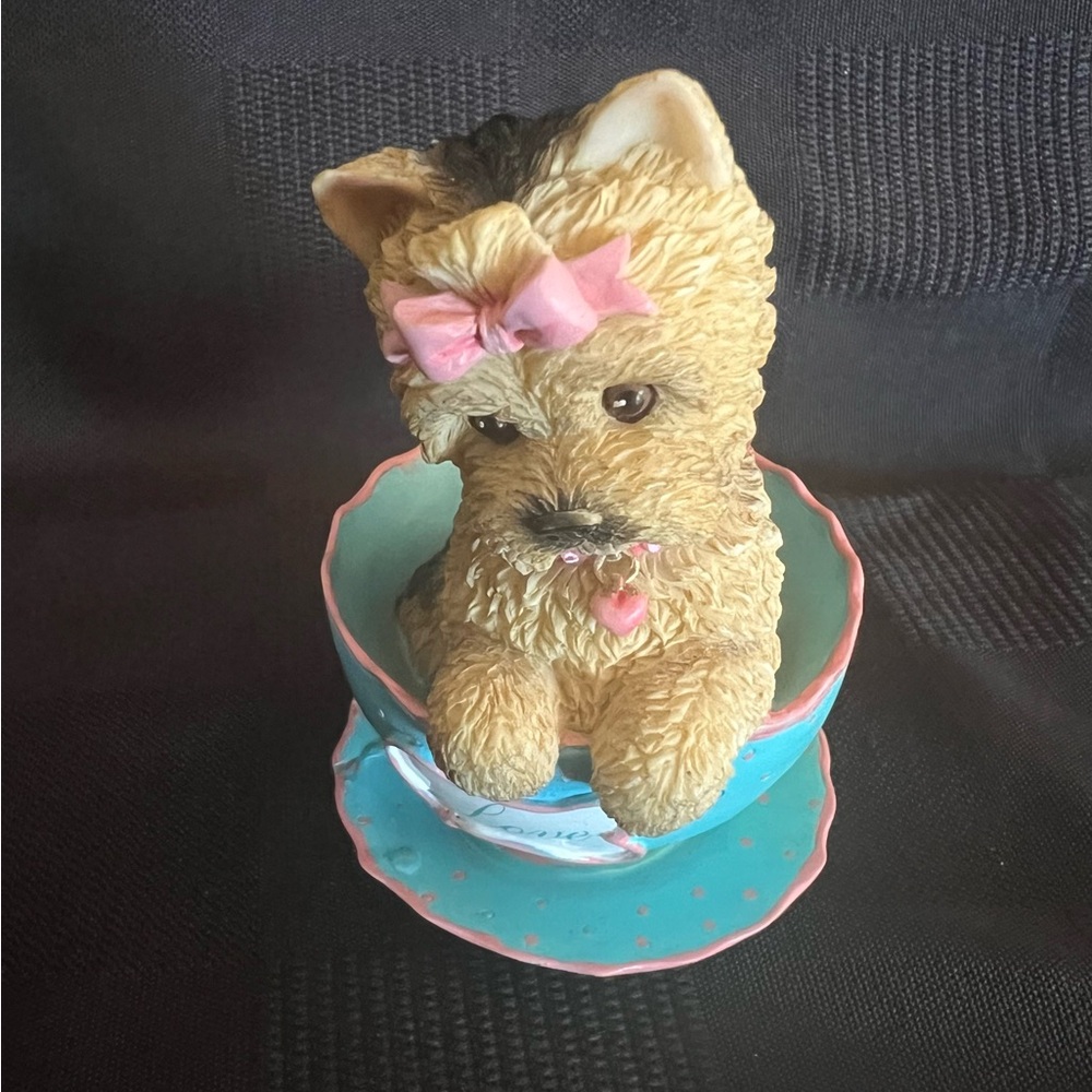Hamilton Tan and Pink Puppy in Teacup Sculpture